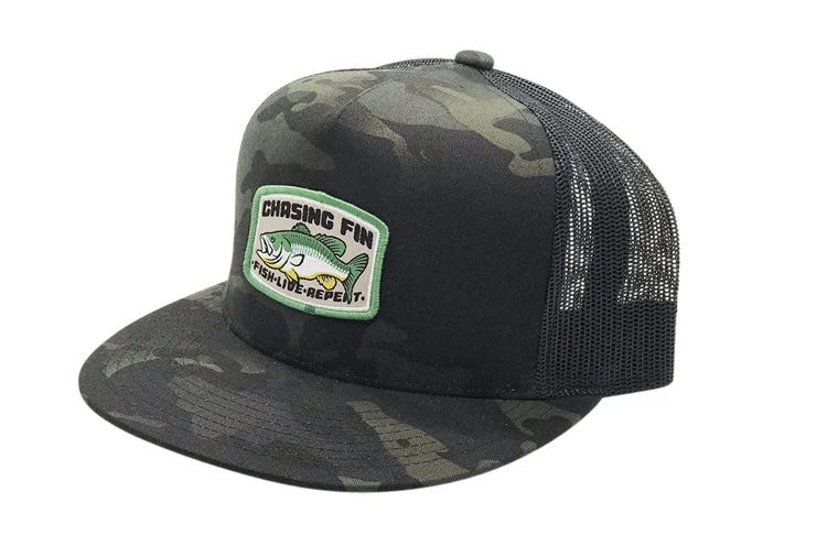 Bass Catcher Black Camo Trucker Cap (Flat Bill)