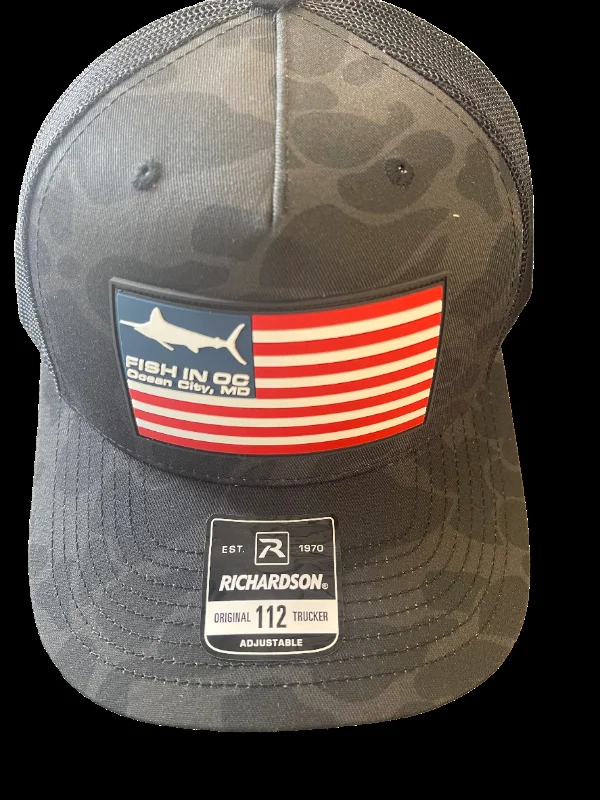 top-rated bass jigs for tournament fishing Fish In OC Rubber Patch Flag Hat